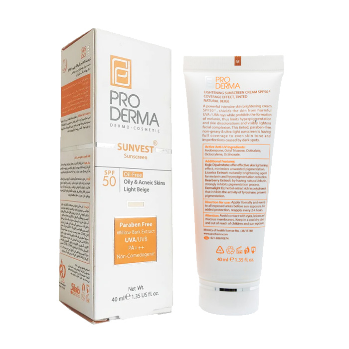 کرم ضدآفتاب رنگی پرودرما SPF50 مدل 01 بژ روشن فاقد چربی