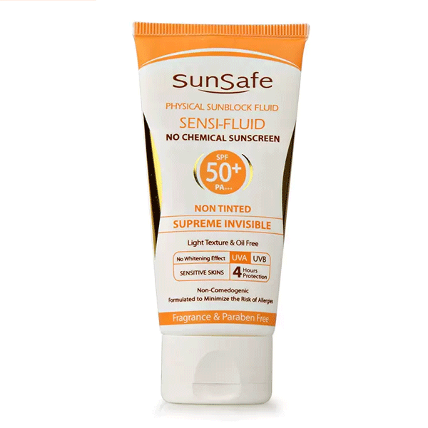  کرم ضد آفتاب سان سیف بی رنگ SPF50 فاقد چربی مناسب پوست چرب 
