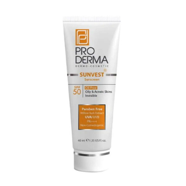 کرم ضدآفتاب بی رنگ پرودرما مدل SPF50 فاقد چربی 40 میلی‌لیتر